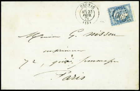 N°44A 20c bleu, T I, R I, obl. GC 1065 s. LAC, càd T17 COGNAC 23/2/71, TB