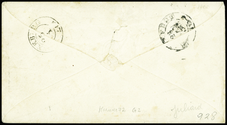 N°6 1f carmin, 3 très grandes marges, obl. Los. DS s. Env., càd (DS) PARIS (DS) 22/1/53, DOUBLE PORT pour le Duché de SAXE MEININGEN, TTB, certif. J.F. Brun