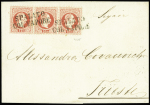 N°34 5k. rouge, BANDE de 3, obl. linéaire SPALATO/COL VAPORE s. LSC, passage SEBENICO 20/8, arr. TRIEST, TB