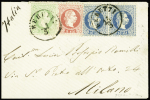 N°2 3sld vert, N°3 5sld rose et N°4 10sld bleu PAIRE, tous obl. càd BERUTTI 14/3 s. Env., passage BRINDISI 23/3, arr. MILANO 24/3, TTB