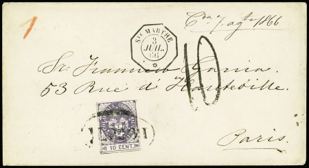 Colombie N°13 10c. lilas obl. ovale BOGOTA pour le port intérieur jusqu'à l'agence Consulaire s. Env., càd Octog. Ste MARTHE 3/7/66 puis ligne Française