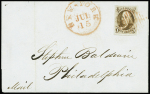 N°1 5c brun sur azuré, obl. GRILLE rouge s. LSC pour PHILADELPHIA, càd rouge NEW-YORK JUL 15 (1848), TTB, certif. Brettl