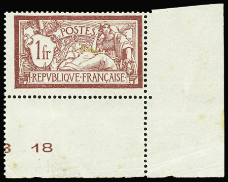 N°121c Merson,  1f lie de vin, SANS teinte de fond, cdf, neuf **, inf. rouss., TB
