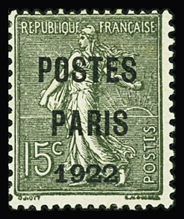 N°31 15c vert-olive, POSTES PARIS 1922, neuf *, forte ch. et petite rouss