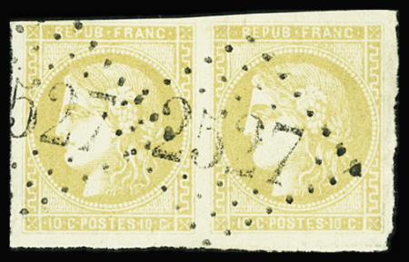 N°43Bc 10c CITRON, R II, PAIRE obl. GC 2527, filet intact en haut à g., TTB, certif. Calves