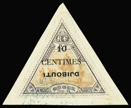 N°32a 10c sur 2f violet et orange, DJIBOUTI renversé, obl. s. fragt, TB