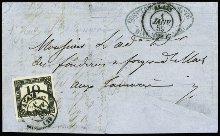 N°1 10c noir Litho, obl. càd T15 ALAIS 1/1/59 s. LAC, 1er JOUR, le support a été un peu amélioré, mais le t. et les oblitérations sont TTB