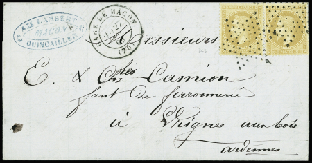 N°28A 10c bistre (2) obl. ETOILE évidée s. LAC de MACON du 27/10/69, càd GARE de MACON, timbres obl. au passage à PARIS 28/10, Amb. PARIS A GIVET 28/10