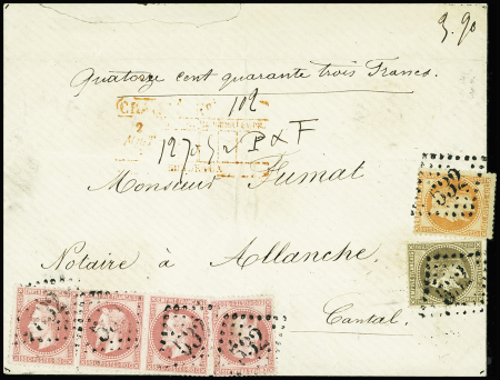 N°30, 31 et 32, 30c, 40c et 80c BANDE de 3 + 1 ex. obl. GC 532 s. Env. CHARGE 2/8/72, arr. ALLANCHE 4/8, TRICOLORE TTB