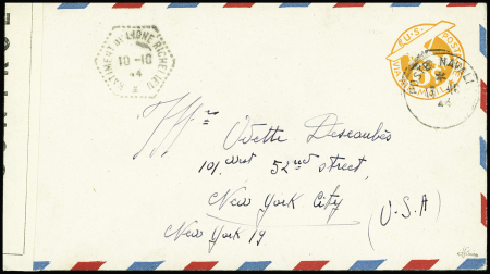 Env. Entier US 6c. orange obl. càd POSTE NAVALE 13/10/44, à côté càd Hexag. BATIMENT de LIGNE RICHELIEU 10/10 et Censure, pour New-York, RR et TB. J