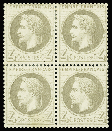 N°27Ab 4c gris lilas, T I, BLOC de 4, neuf *, inf. froiss. s. la paire sup., la paire inférieure avec ch. ultra légère, TB