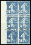 N°192 Semeuse Camée, 30c bleu, T IIA, BLOC de 6 bdf, 2 ex. IMPRESSION sur RACCORD, neuf **, un ex. *, TB