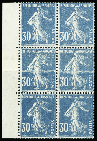 N°192 Semeuse Camée, 30c bleu, T IIA, BLOC de 6 bdf, 2 ex. IMPRESSION sur RACCORD, neuf **, un ex. *, TB