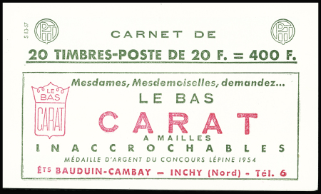 N°1011B-C37  Muller, 20f. bleu, n°1011Bd, T II, S. 13-57, CARAT, daté 27/11/57, n°28097, découpe décalée, amorce de double pub sur 5 ex., TB