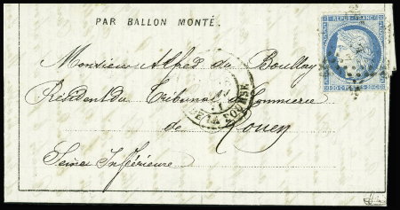 N°37 obl. Etoile 1 s. LAC Formule L'Union des Ports Paris, càd Pl. de la Bourse 16/1/71, pour ROUEN zone OCCUPEE, TB. LA POSTE de PARIS