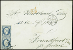 N°10 25c bleu, PAIRE obl. ROULETTE de GROS POINTS (frappe légère) sur Env., càd PARIS 14/4/54, arr. FRANCFORT, TB, cote Maury