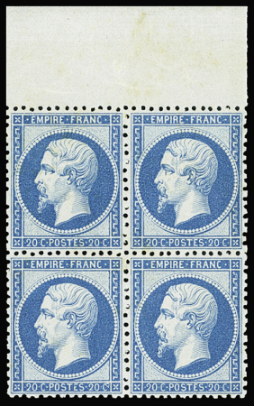 N°22 20c bleu, BLOC de 4 bdf, neuf *, inf. ch. au milieu, très bon centrage, TB