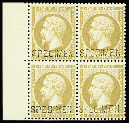 N°21c 10c bistre, BLOC de 4 surch. SPECIMEN,  neuf ** (la paire sup. *), fraîcheur postale, TTB