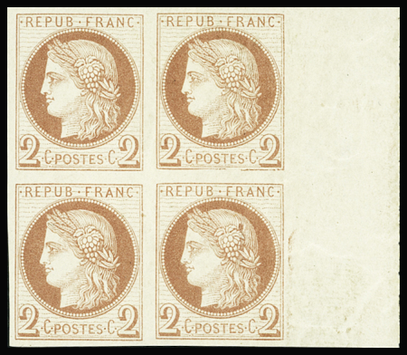 N°51c 2c rouge-brun, NON DENTELE, BLOC de 4 bdf, 1 t. avec CADRE INFERIEUR CASSE, les 3 autres sont **, variété RR sur non dentelé (2-3 possibles), ex collection Burrus
