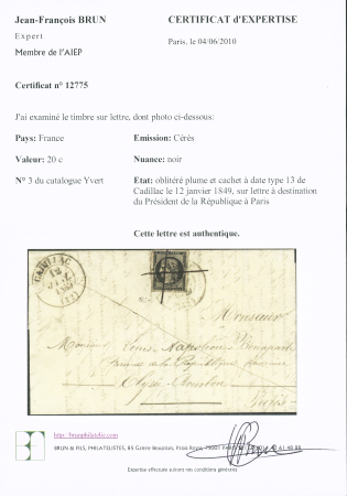 N°3 20c noir sur jaune obl. càd T13 CADILLAC 12 janv 1849 répété à côté et Plume s. LAC adressée à Monsieur Louis Napoléon BONAPARTE, Président de la République Française