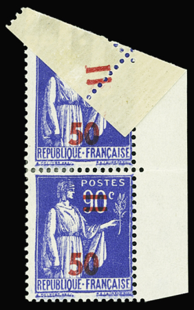 N°482 Paix, 50 s. 90c. outremer, 1 ex. barres AU VERSO par pliage, tenant à normal, neuf *, TTB