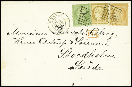 N°20 petite variété, 38 et 59 obl. GC 1769 s. LAC, càd LE HAVRE 3/1/72, arr. STOCKHOLM 7/1, TTB