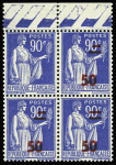 N°482b Paix, 50 s. 90c outremer, SANS surcharge, tenant à normaux dans un BLOC de 4, la surcharge se trouve au verso par pliage, neuf **, TTB