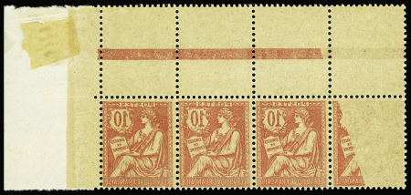 N°124b Mouchon Retouché, 10c rose, BANDE de 4 cdf impression RECTO-VERSO dont 1 partiel, neuf **, TTB