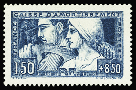 N°252c Le Travail, 1f.50 + 8f.50, BLEU-VERT, T III, neuf *, TB