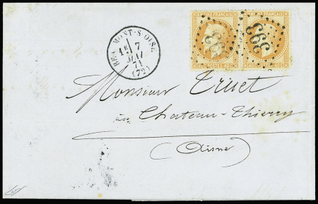 N°31 PAIRE obl. GC 393 s. LAC du 6/5, càd T16 BEAUMONT-S-OISE 7/5/71, arr. CHATEAU-THIERREY 9/5, lettre en TRIPLE PORT sortie par PASSEUR, Superbe