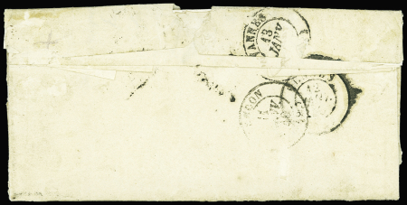 N°3 20c noir sur jaune, effl. à droite, obl. GRILLE et Plume s. LAC, càd T13 PUTANGES 10 JANV 1849 pour un militaire à Vannes