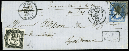 N°2A 10c noir Typo, T II obl. càd BORDEAUX 29/9/59 s. LAC affr. N°14A obl. PC 3166 de St LO 26/9. Arrivée BORDEAUX 27/9