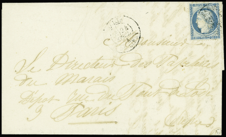 N°37 obl. càd R. de Cléry 24/4/71 s. LAC de FRESNOY-LE-GRAND Aisne 20/4, rentrée par PASSEUR et oblitérée à Paris, RR, TTB