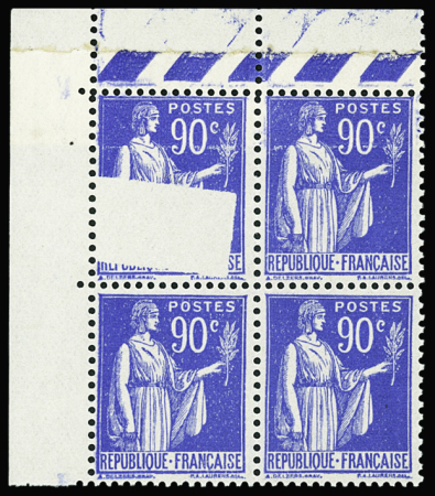 N°368 Paix, 90c outremer, BLOC de 4 avec RACCORD, un ex. impression partielle à l'emplacement de la sonnette, neuf **, TTB