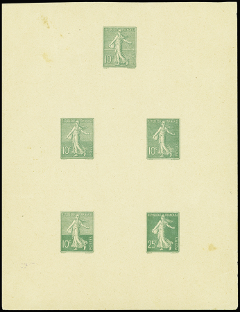 N°129 Semeuse Lignée, épreuve collective en vert, 5 t. différents, dont 25c, petite tache sinon TB