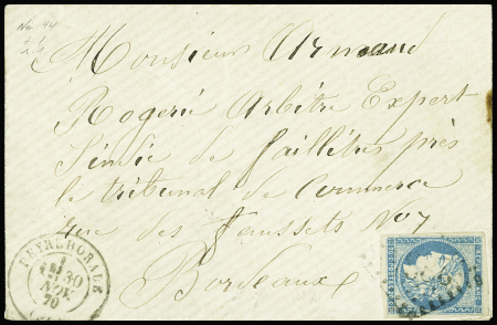 N°44A 20c bleu, T I, R I, obl. GC 2834 s. Env., càd T17 PEYREHORADE 30/11/70, TB