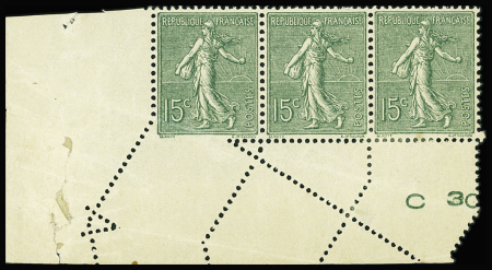 N°130 Semeuse Lignée, 15c vert gris, BANDE de 3 ( neuf **, 1 ex. *) cdf avec PIQUAGE OBLIQUE, TB