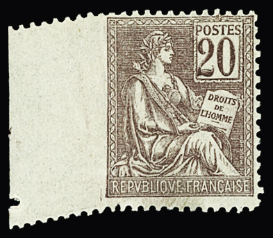 N°113 Mouchon, 20c brun-lilas, bdf, Variété de PIQUAGE (dentelé 3 côtés), neuf *, TB