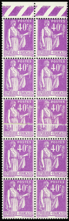 N°281 Paix, 40c lilas, BLOC de 10 bdf dont 2 impression s. RACCORD, neuf **, TB, cote Maury