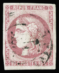 N°49 80c rose, cachet LANGER et Cie/HAVRE au verso, obl. càd, défx, mais seule pièce connue, certif. JF Brun