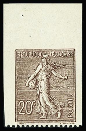 N°131 Semeuse Lignée, 20c. brun-lilas, NON DENTELE sur 3 COTES, petit cdf, neuf **, TB. Signé Scheller
