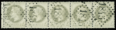 N°27Bd 4c gris-jaunâtre T II, BANDE de 5 obl. GC 1845 de ISSOIRE, TB