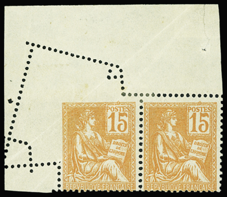 N°117 Mouchon, 15c orange, très jolie variété de PIQUAGE dans une PAIRE cdf, neuf *, TB