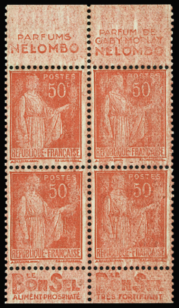 N°283 Paix, 50c rouge, BLOC de 4 avec Pub totalement MACULE, neuf **, inf. adh. sinon TB
