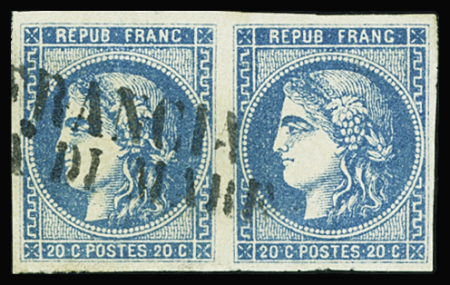 N°46B 20c bleu, T III, R II, PAIRE obl. FRANCIA/VIA DI MARE, TB