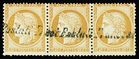 N°38 40c orange, BANDE de 3 obl. griffe "Coi Postali Francesi", 1 t. VARIETE trait blanc, TTB