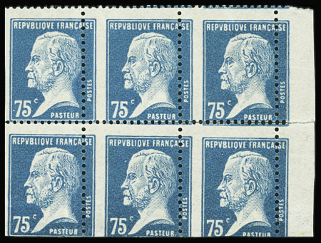 N°177 Pasteur, 75c bleu, BLOC de 6 piquage A CHEVAL, neuf **, découpe horizontale partielle, sinon TB