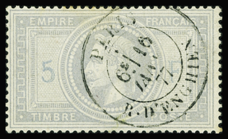 N°33A 5f violet-gris, 5 et F en bleu, dentelure lég. améliorée, obl. càd R. d'Enghien 16/5/77, TB