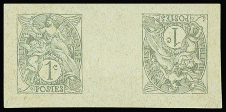 N°107 Blanc, 1c gris, épreuve Tête-Bêche avec pont sur papier verdâtre, TB