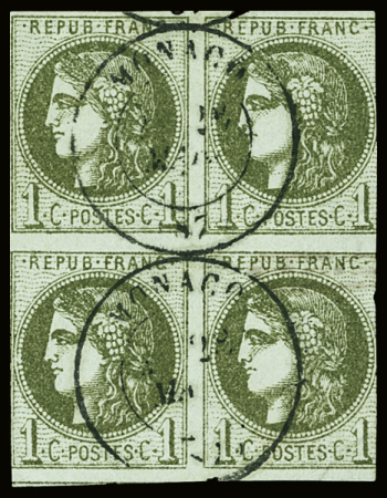 France N°39 Bordeaux 1c olive en bloc de 4 (effleuré)